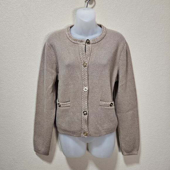 JCrew Women L Lady Jacket Cardigan Sweater Gold Button Brown Quiet Luxury Cotton - Picture 2 of 16